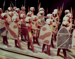 Begravelsesmodell av marsjerende væpnede soldater, fra graven til Prince Mesehti, Assyut, Middle Kingdom, ca. 2000 f.Kr. (malt tre)